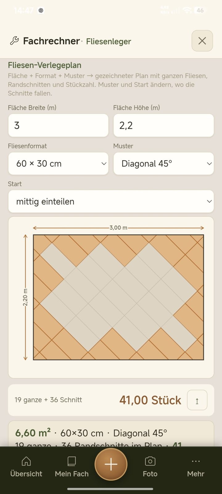 Fliesen-Verlegeplan diagonal