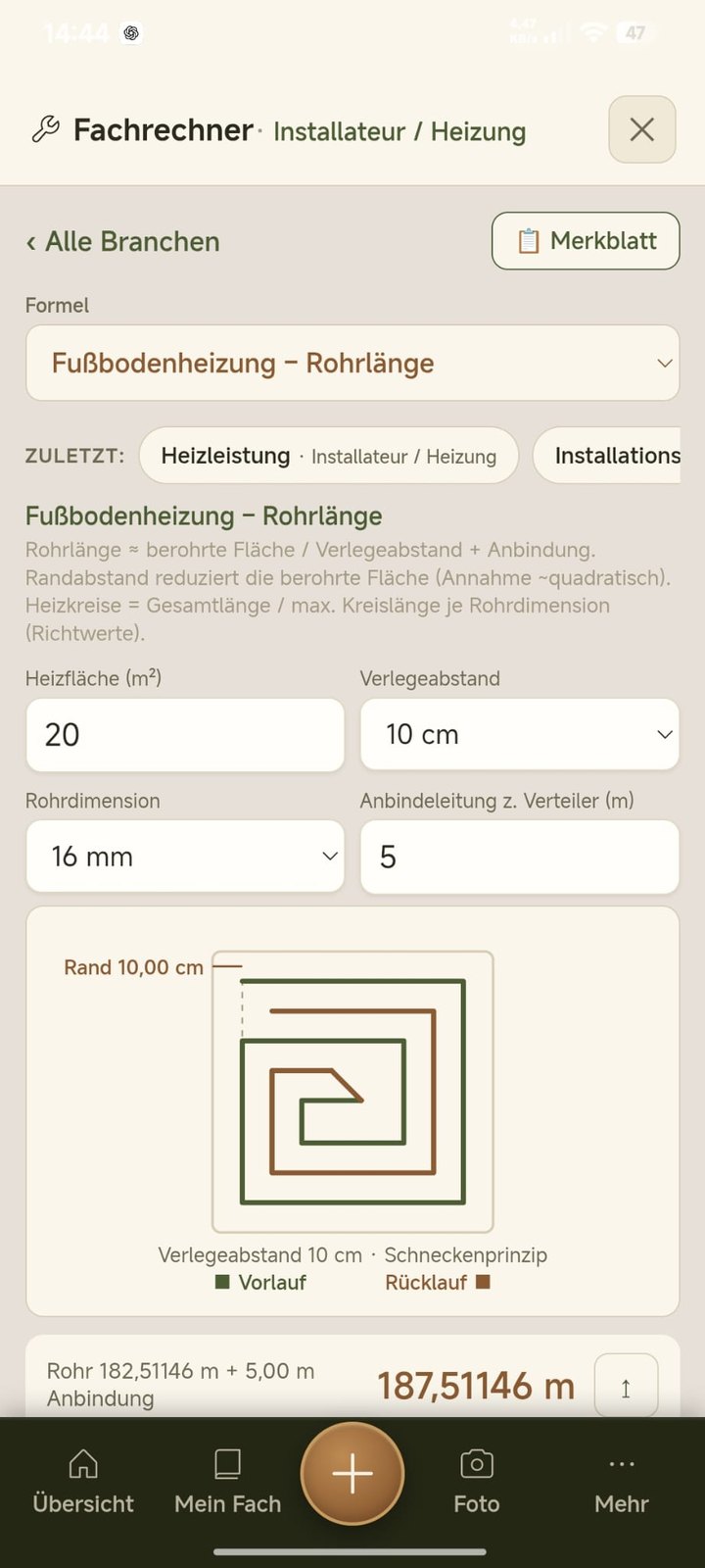 Fachrechner Installateur und Heizung: Fußbodenheizung mit Verlegeplan