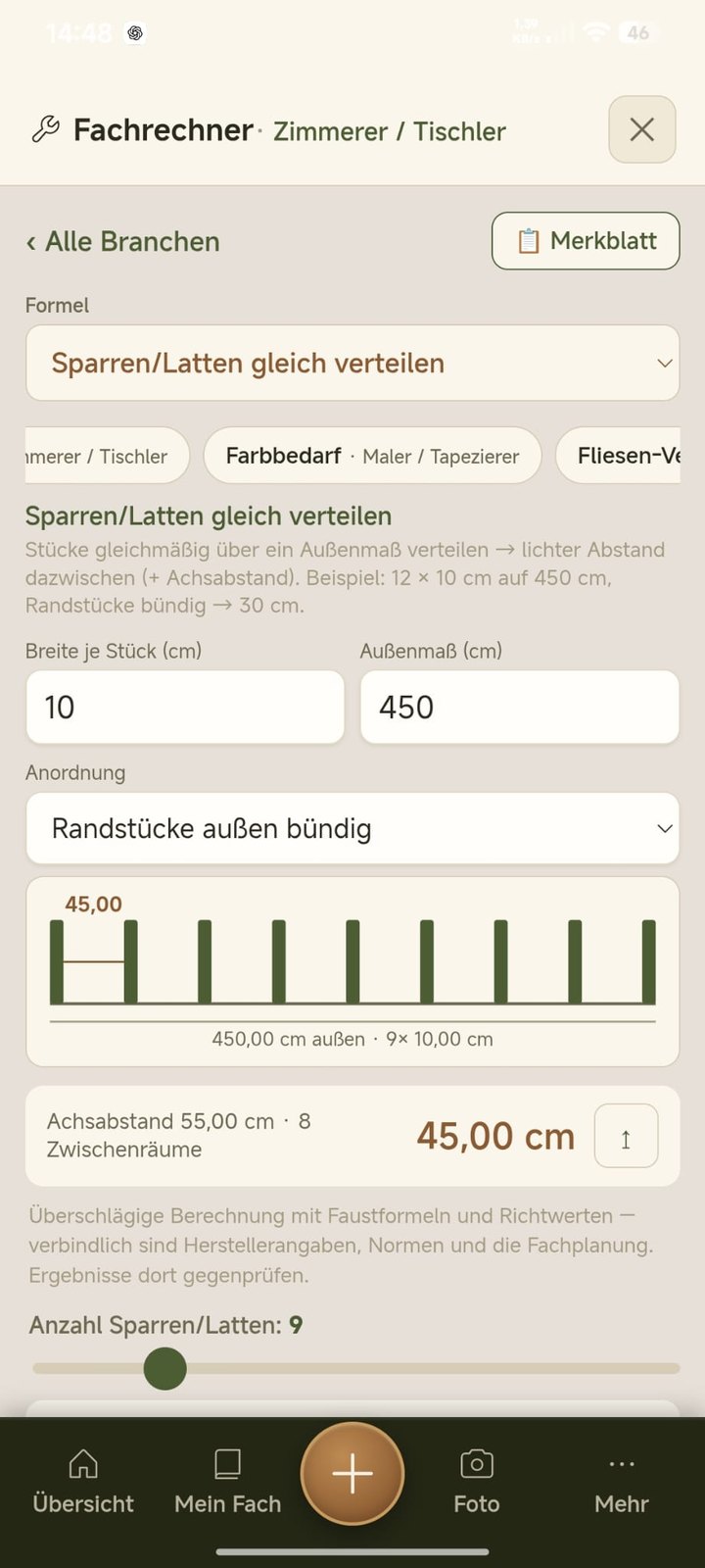 Sparren gleichmäßig verteilen