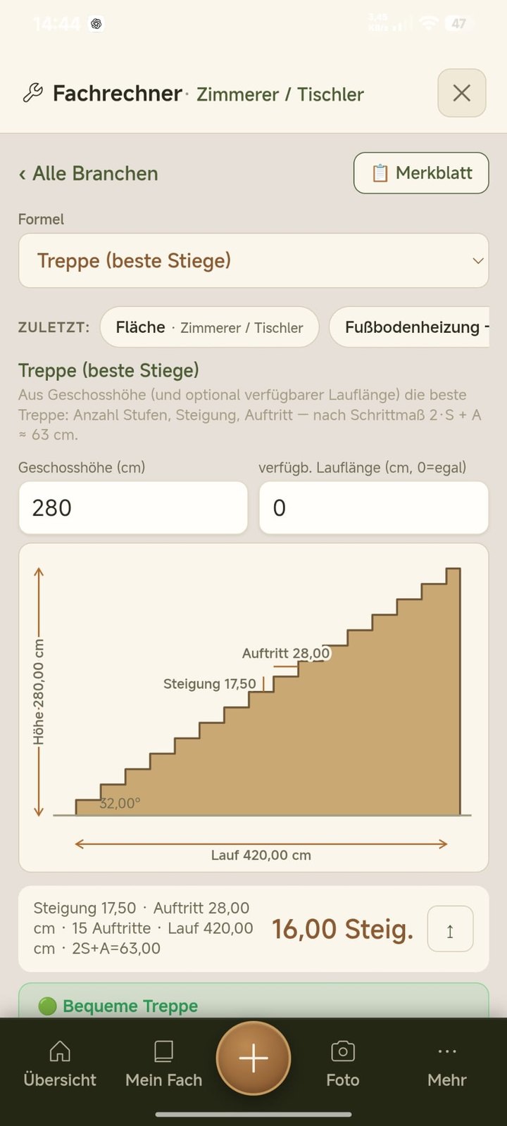 Treppenberechnung mit Seitenprofil und Urteil