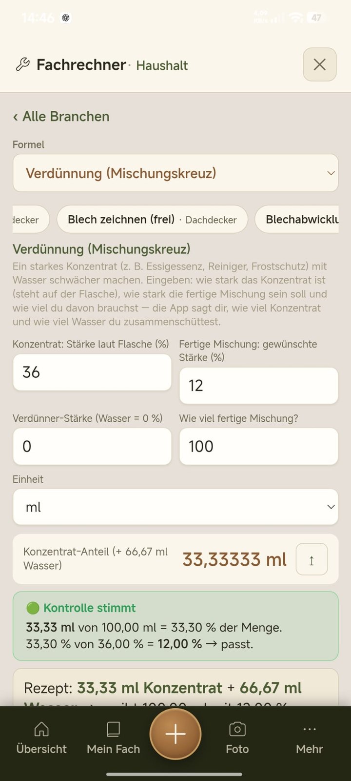 Verdünnung nach Mischungskreuz mit Gegenprobe