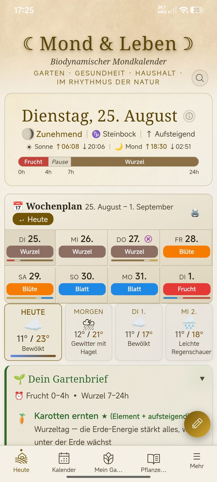 Mond und Leben App — Tagesansicht