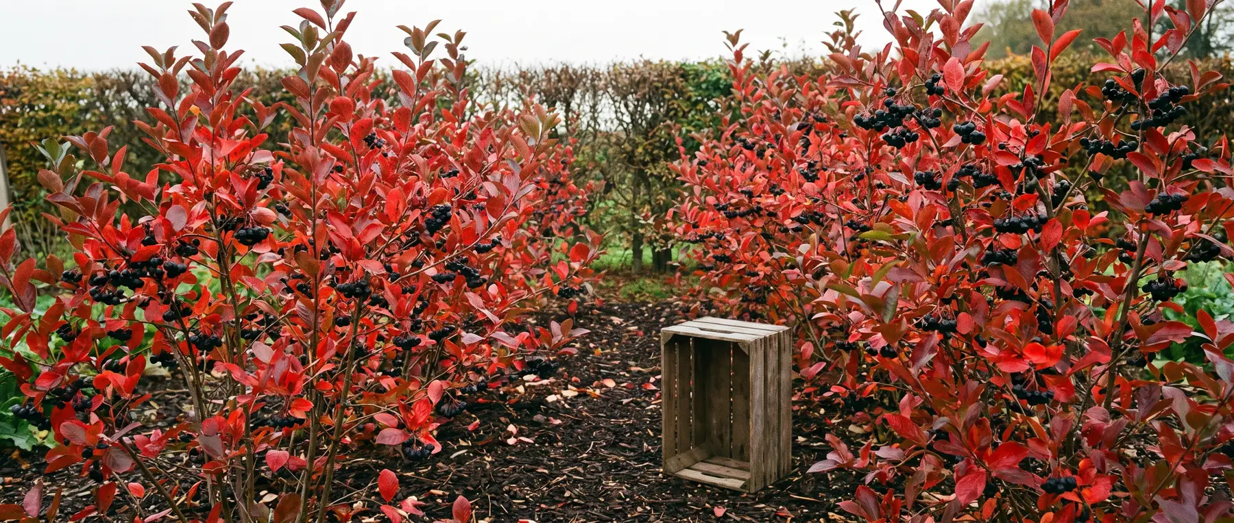 Aroniastrauch im Herbstgarten, dunkle Fruchtdolden zwischen bordeauxrot gefärbtem Laub