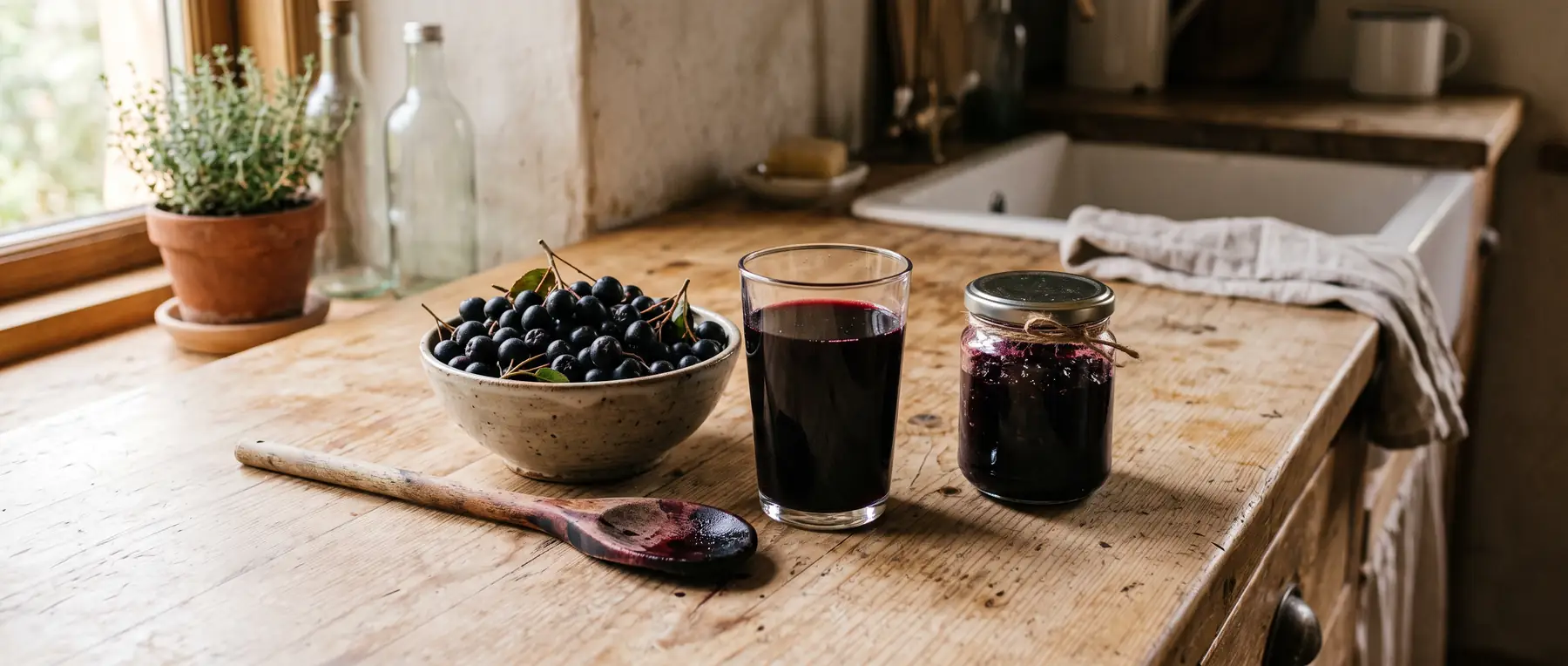 Dunkelvioletter Aroniasaft in einer Flasche aus braunem Glas, daneben eine Schale getrockneter Beeren und ein Löffel tiefviolettes Pulver