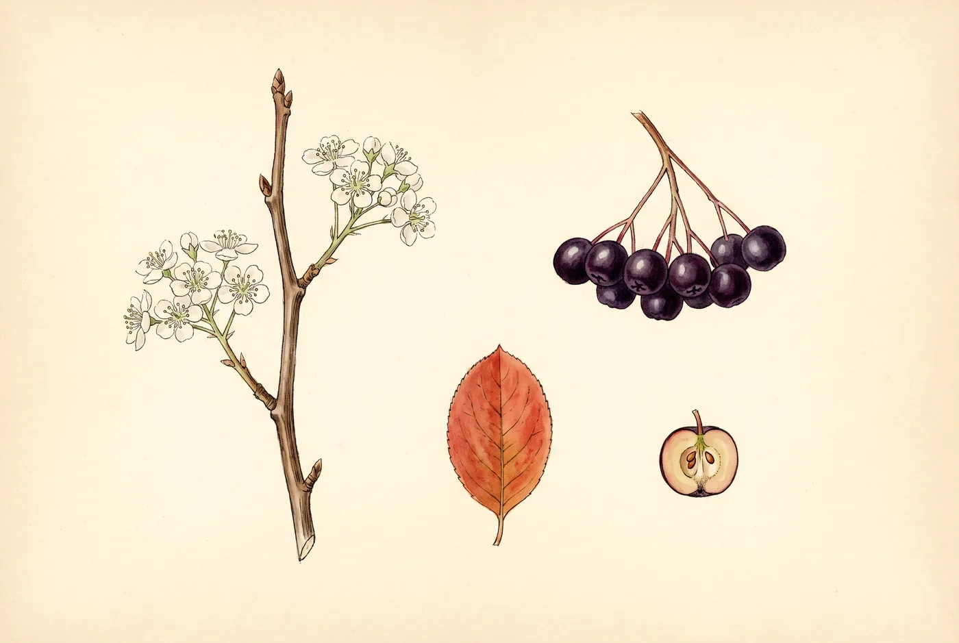 Gezeichnete Bestimmungstafel: aufrechter Aroniazweig mit flachem weißem Blütenschirm, daneben eine Dolde dunkler Früchte, ein einzelnes ovales Blatt in Herbstfärbung und eine aufgeschnittene Frucht mit kleinem Kerngehäuse