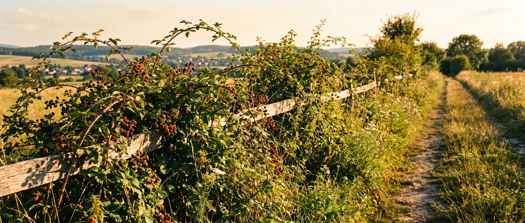 Dichte Brombeerhecke an einem sonnigen Feldweg im Spätsommer