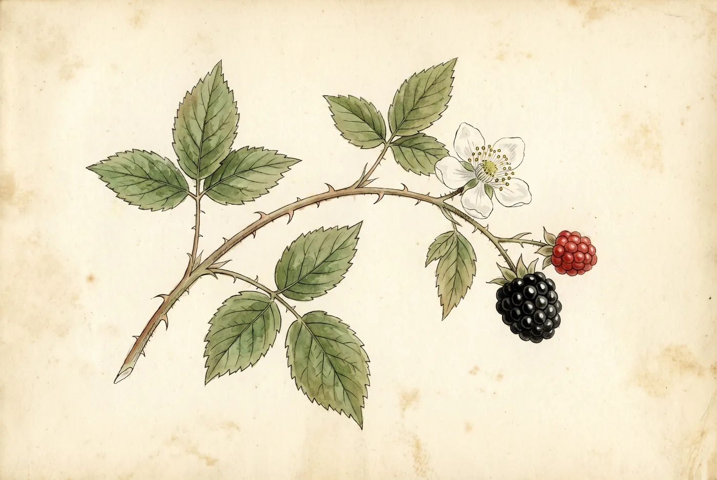 Gezeichnete Bestimmungstafel: Brombeerranke mit gesägten Blättern, Stacheln, weißer Blüte und reifer schwarzer Sammelfrucht