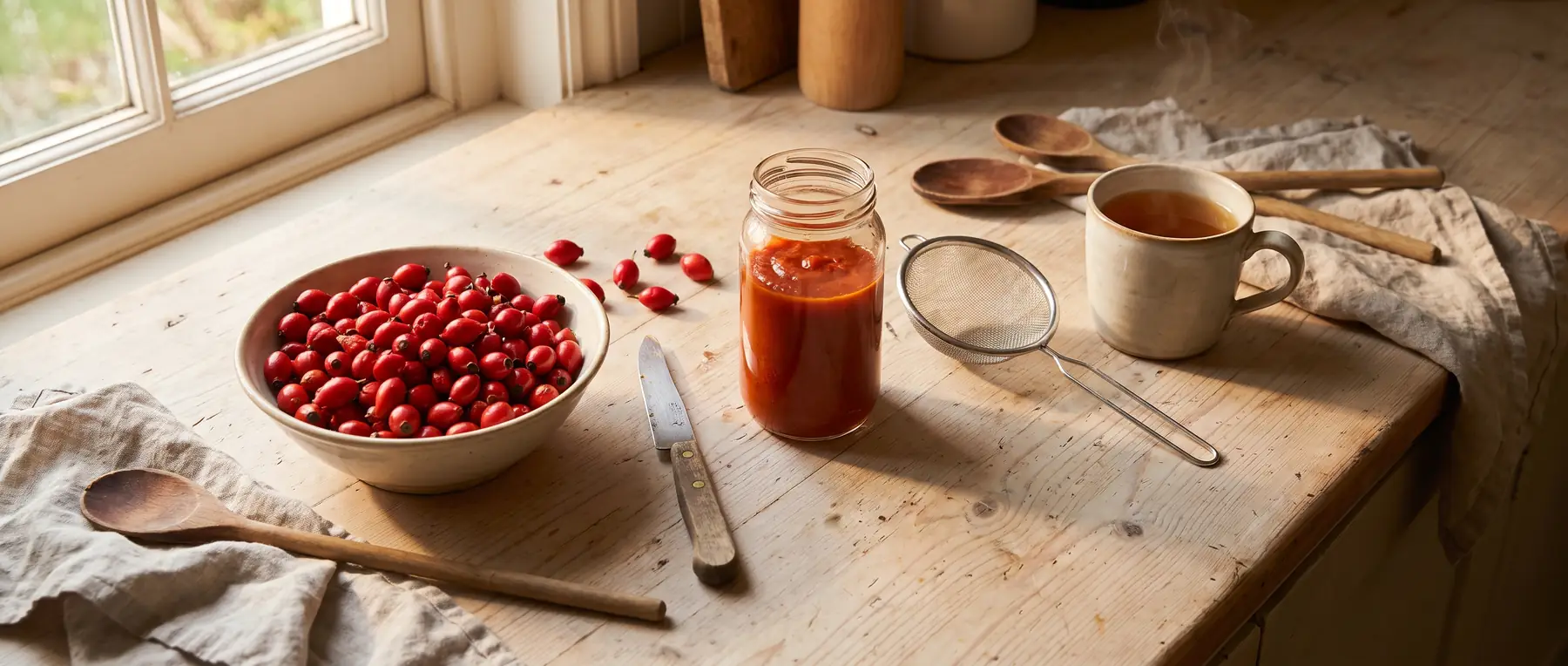 Hagebuttentee in einer Glaskanne, daneben ein Glas tief orangerotes Hagebuttenmark und eine kleine Schale rotes Pulver