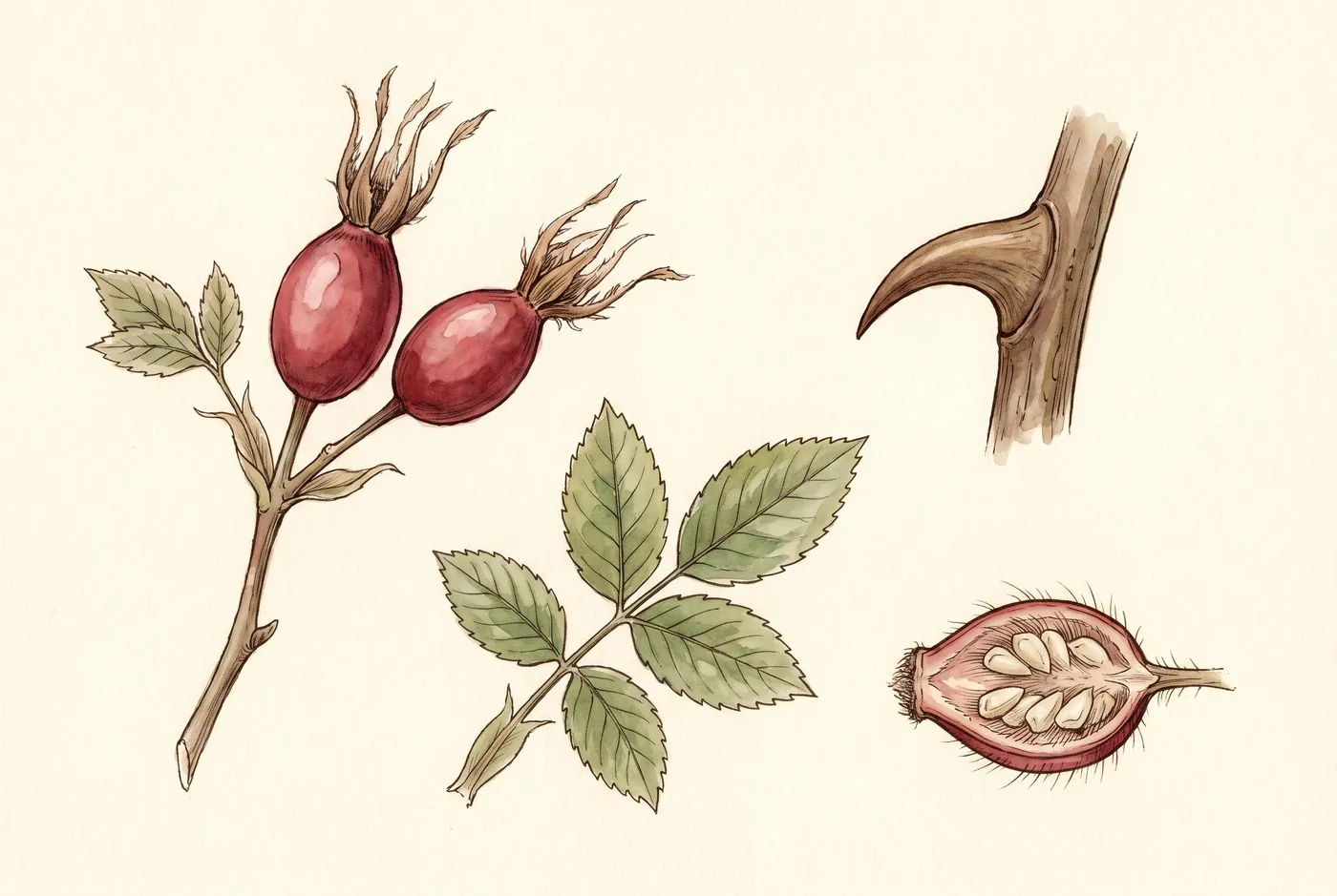 Gezeichnete Bestimmungstafel: Zweig der Hundsrose mit ovalen roten Früchten, gefiedertem Blatt und kräftigem Stachel, daneben eine längs aufgeschnittene Frucht mit Nüsschen und Innenhaaren