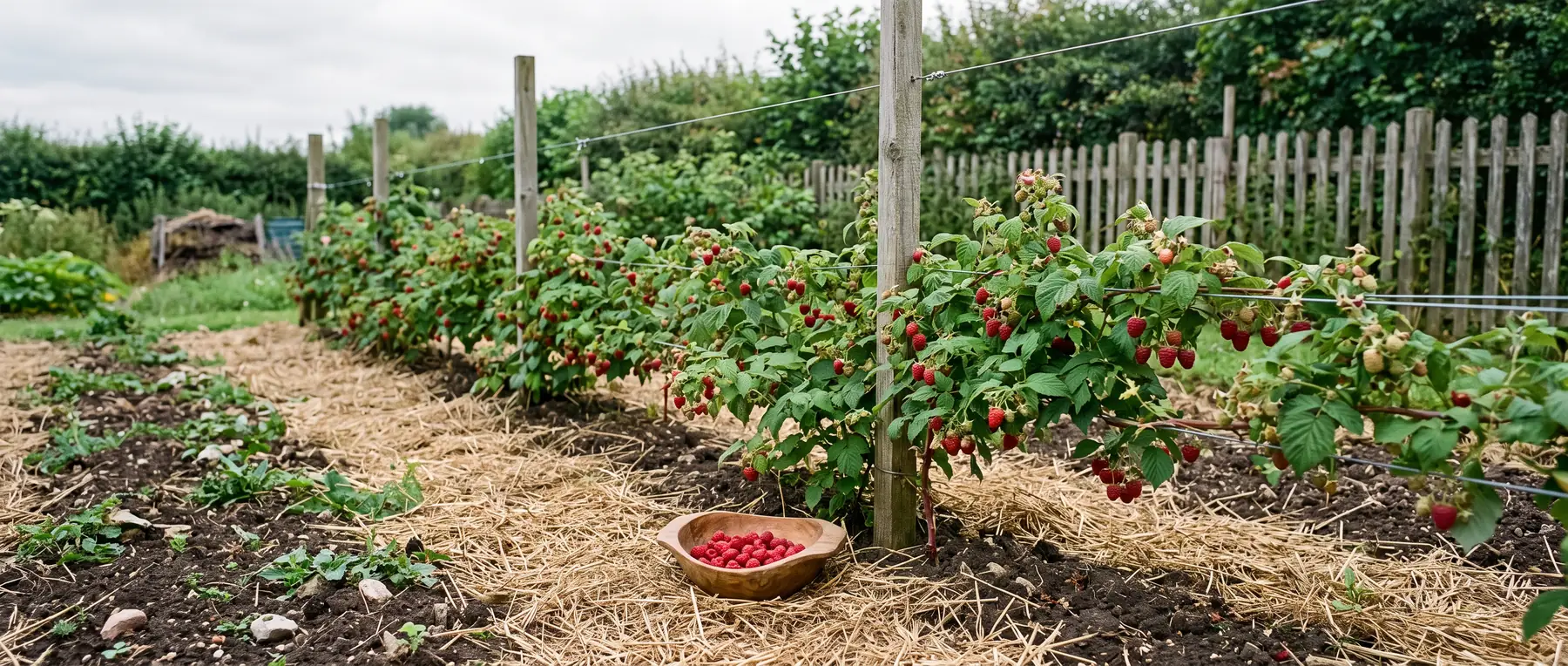 Himbeerreihe an einem Drahtgerüst im sommerlichen Garten, gemulchter Boden