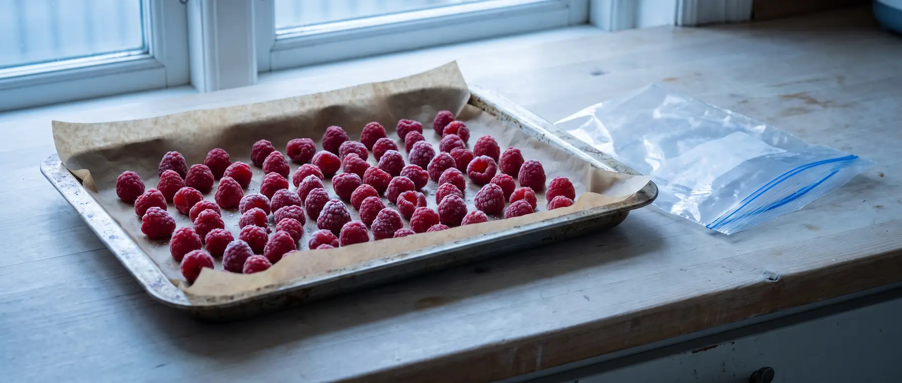Einzeln gefrorene Himbeeren auf einem Backblech, daneben ein geöffneter Tiefkühlbeutel