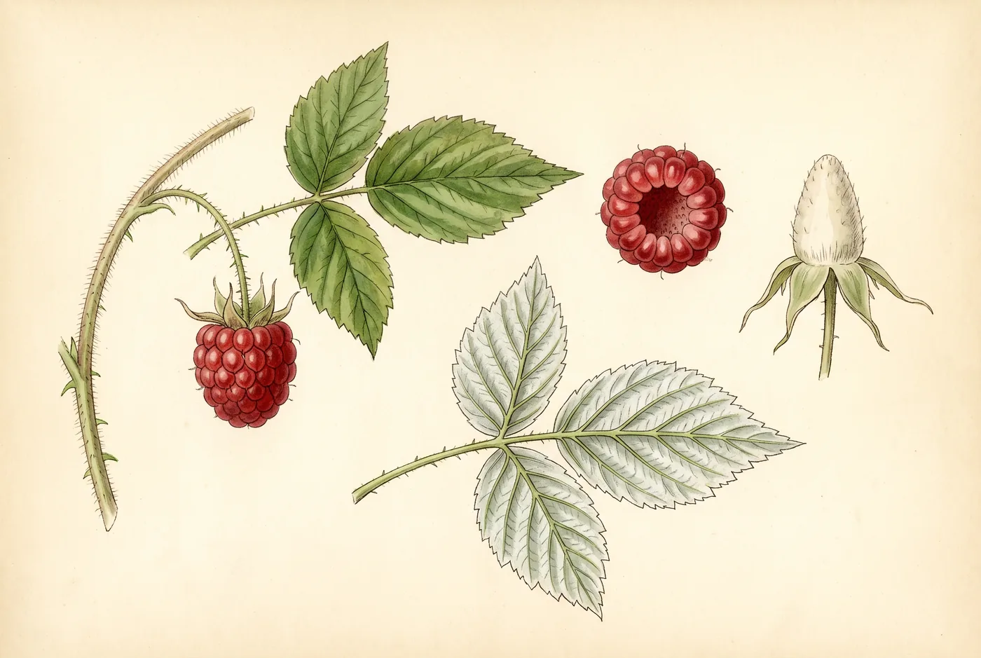 Gezeichnete Bestimmungstafel: Himbeerrute mit Frucht und Blatt, daneben ein Blatt von unten mit weißfilziger Behaarung, eine hohl gepflückte Beere und der weiße Fruchtboden, der am Zweig zurückbleibt