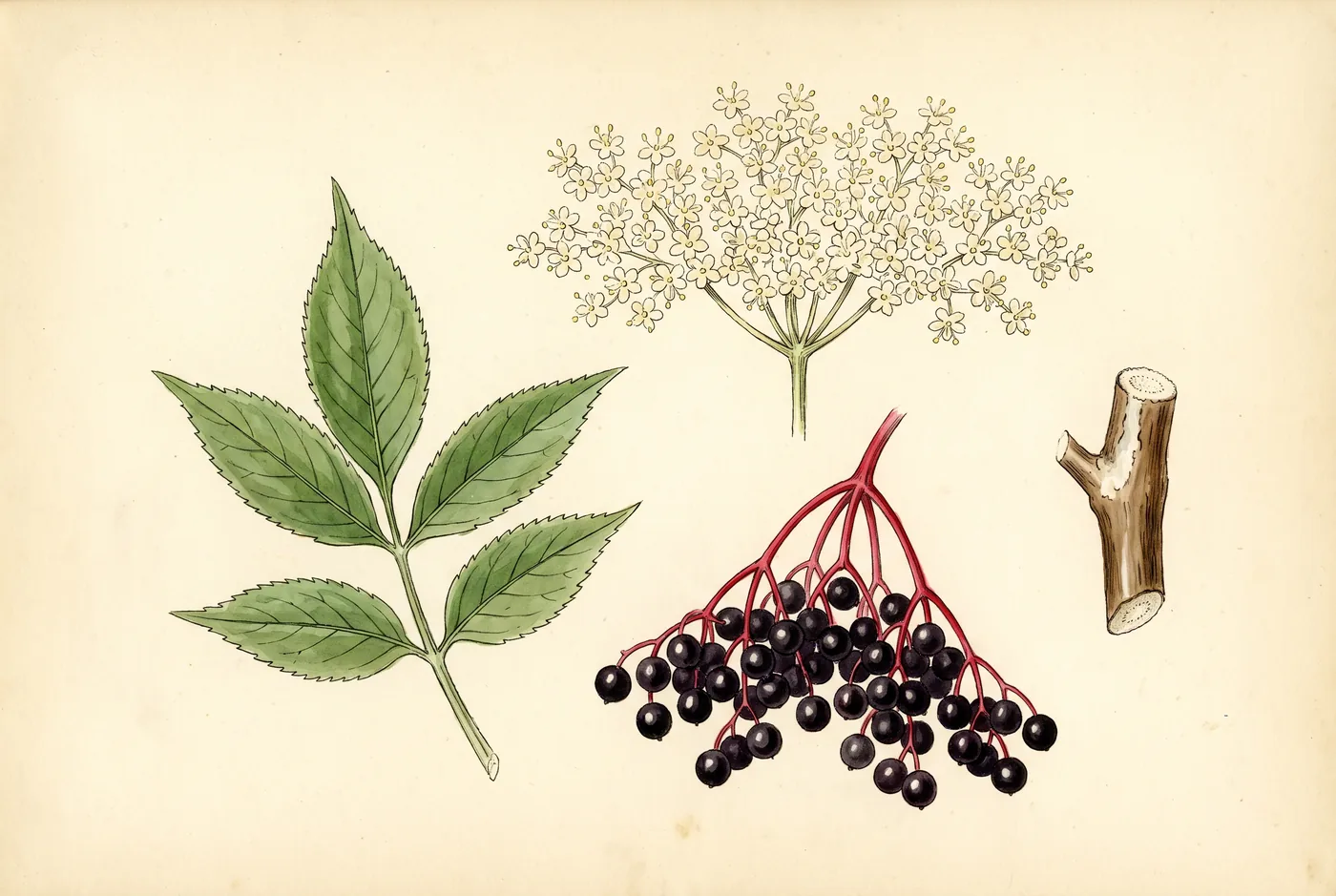 Gezeichnete Bestimmungstafel: gefiederter Holunderzweig mit flachem weißem Blütenschirm, daneben eine Beerendolde an roten Stielen, ein aufgeschnittener Zweig mit weißem Mark und ein gesägtes Blättchen