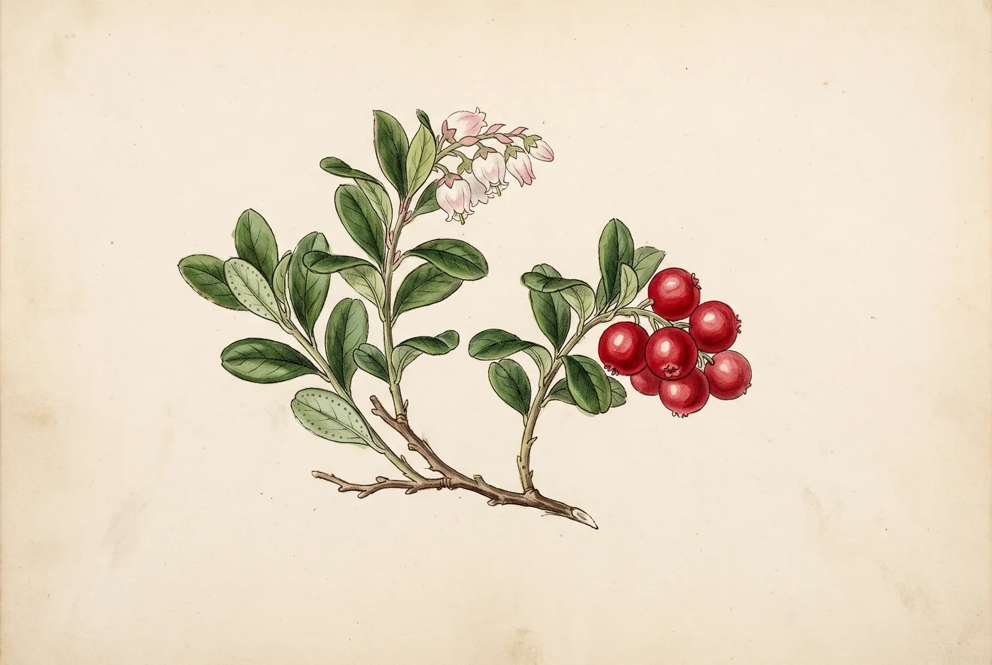 Gezeichnete Bestimmungstafel: Preiselbeerzweig mit ledrigen immergrünen Blättern, glockigen weißrosa Blüten und roten Beeren