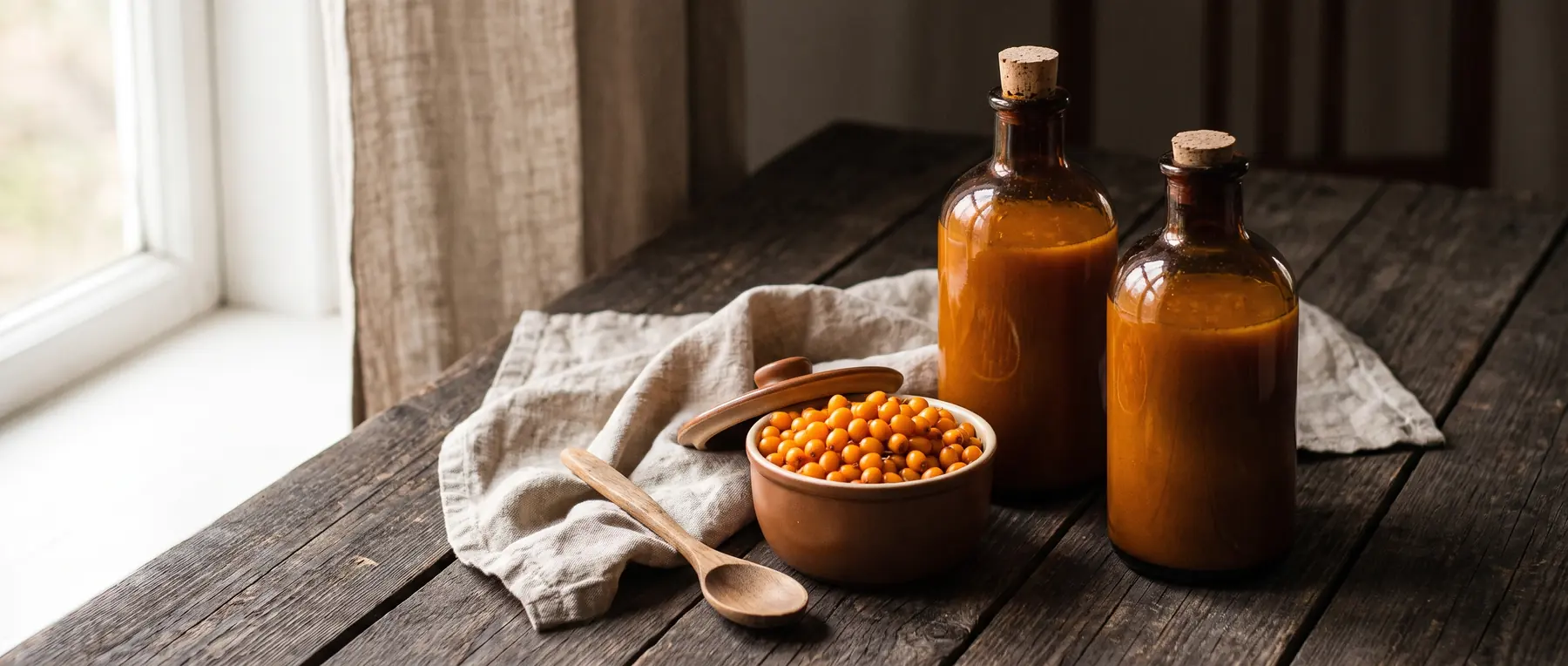 Sanddornsaft in dunklen Flaschen, daneben frische Beeren auf Holz