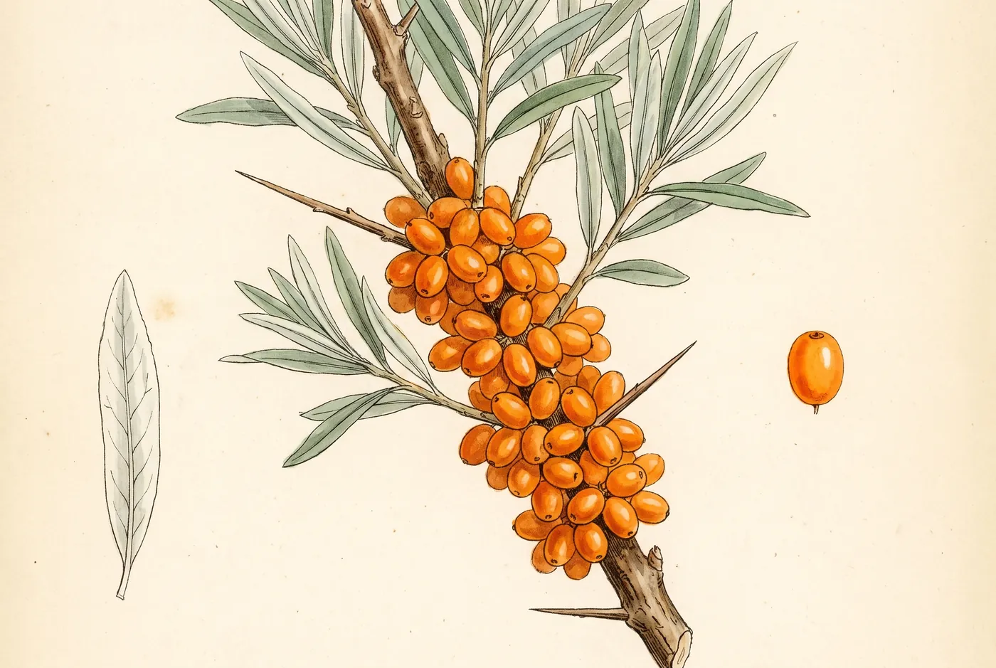 Gezeichnete Bestimmungstafel: Sanddornzweig mit dicht sitzenden orangen Beeren, schmalen Blättern und einem Dorn, daneben ein einzelnes Blatt von unten und eine einzelne Beere