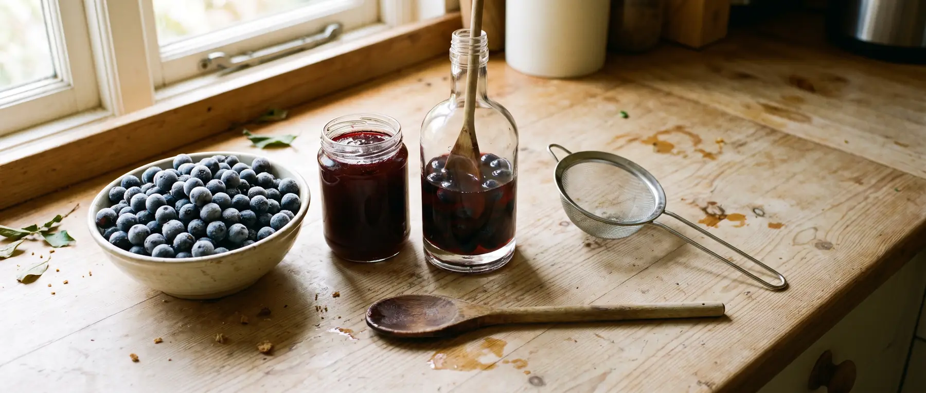 Küchentisch mit einem Glas tiefviolettem Schlehengelee, einer Flasche dunkelrotem Sloe Gin und frisch gepflückten bereiften Schlehen