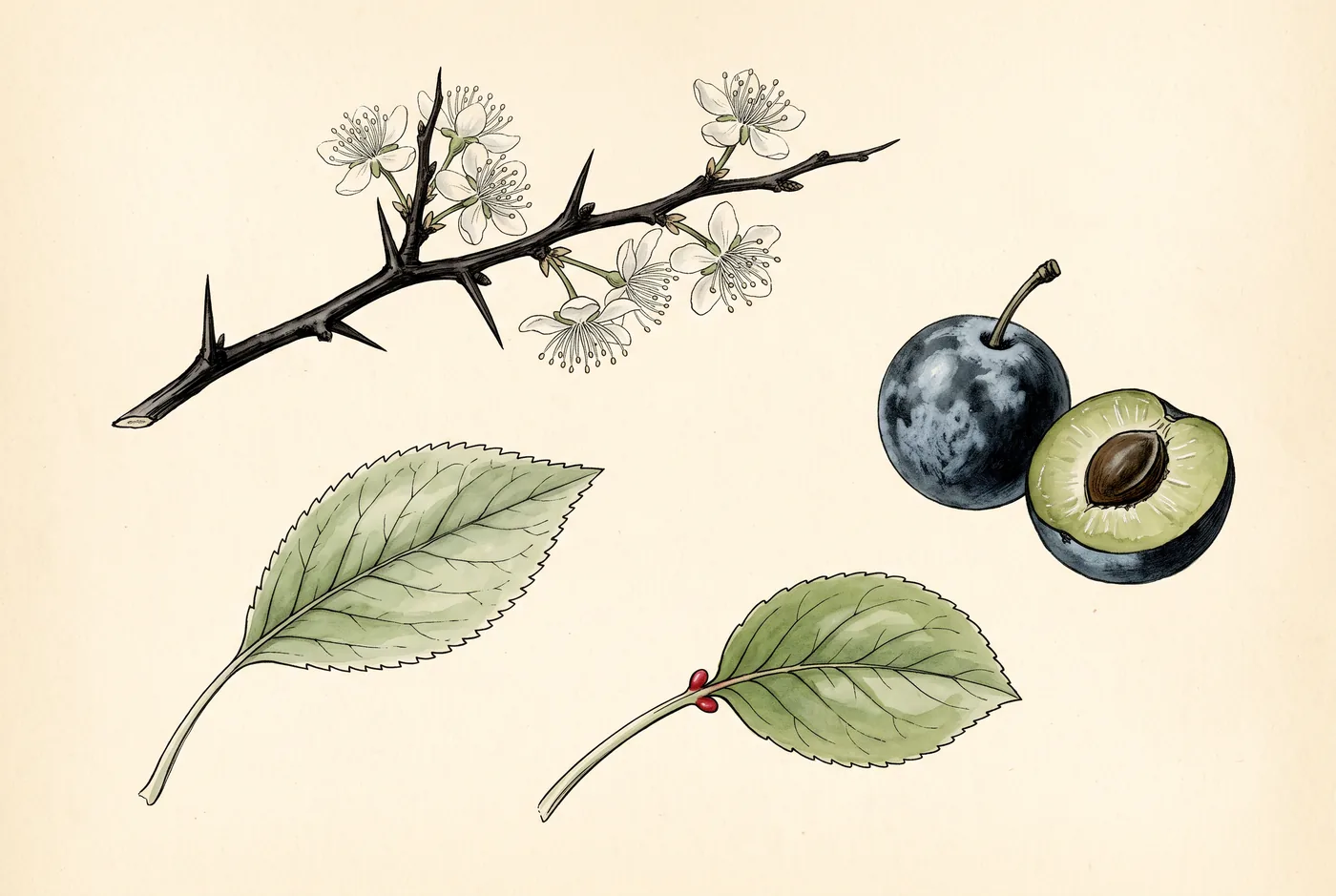 Gezeichnete Bestimmungstafel: dorniger Schlehdornzweig mit weißen Blüten auf kahlem Holz, ein klein gesägtes Blatt an einem Stiel ohne Drüsen, eine bereifte Frucht im Anschnitt mit hartem Kern — daneben zum Vergleich ein Kirschpflaumen-Blattstiel mit den zwei roten Drüsen
