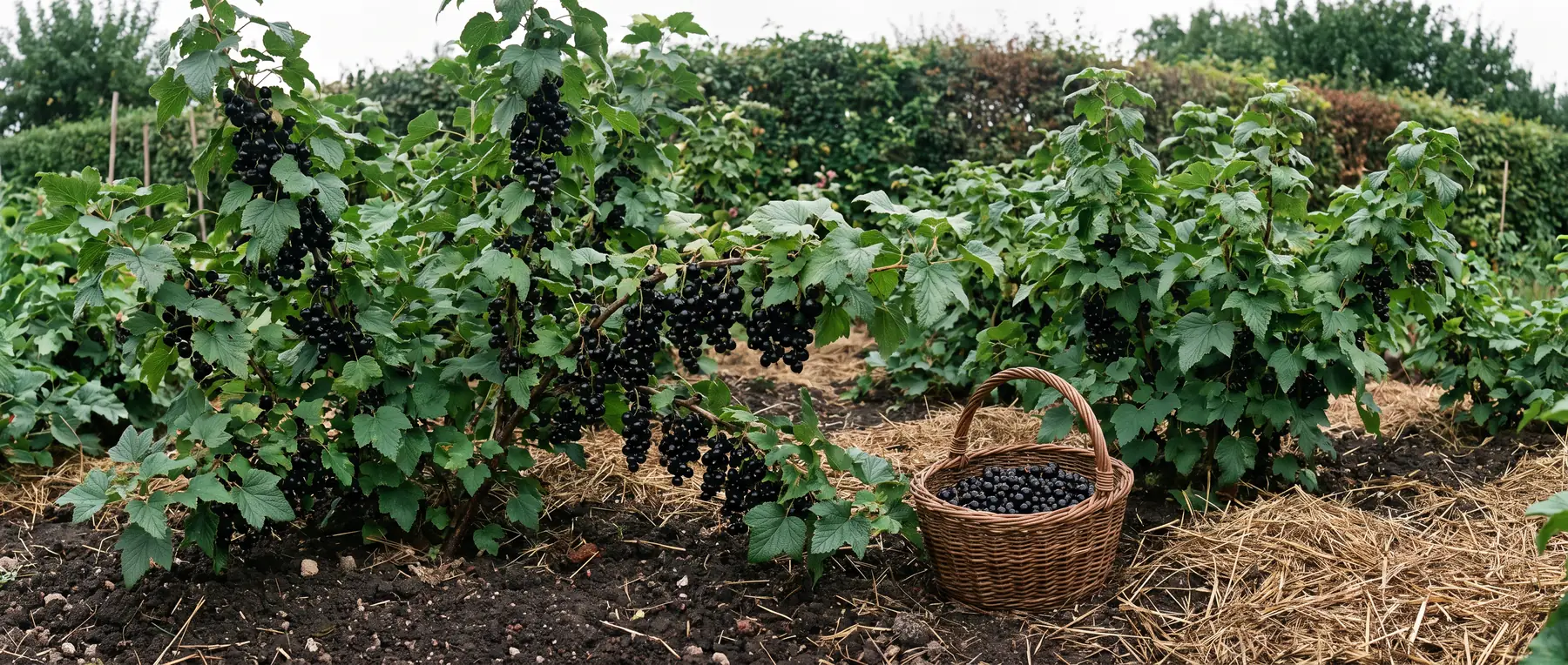 Johannisbeerstrauch in einer feuchten, halbschattigen Gartenecke, die Zweige unter der Last dunkler Beerenrispen