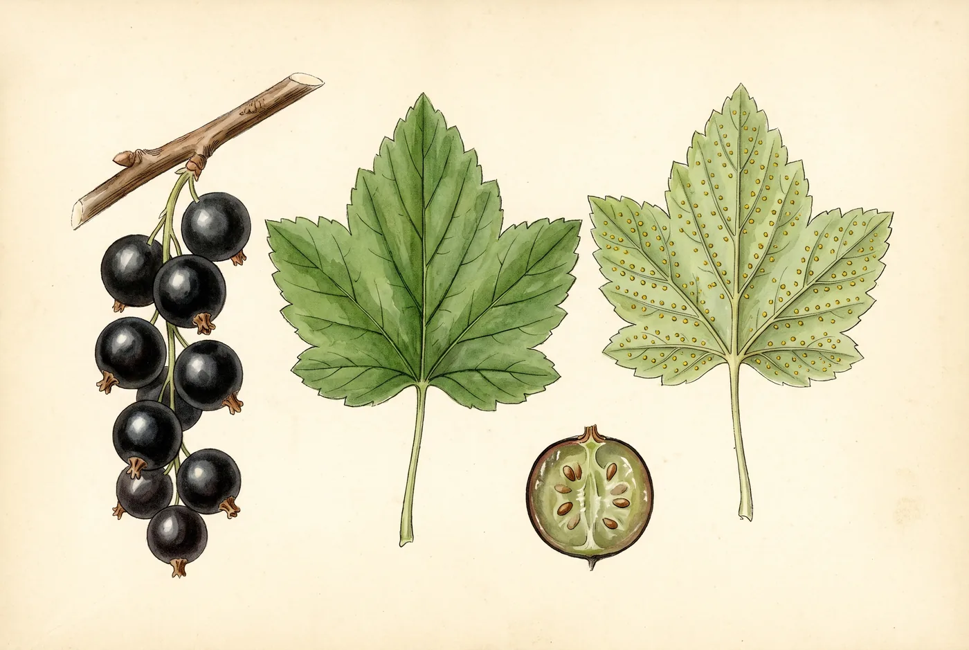 Gezeichnete Bestimmungstafel: Zweig der Schwarzen Johannisbeere mit hängender Beerenrispe und drei- bis fünflappigem, grob gezähntem Blatt, daneben die Blattunterseite mit den goldgelben Drüsen und eine einzelne Beere im Schnitt