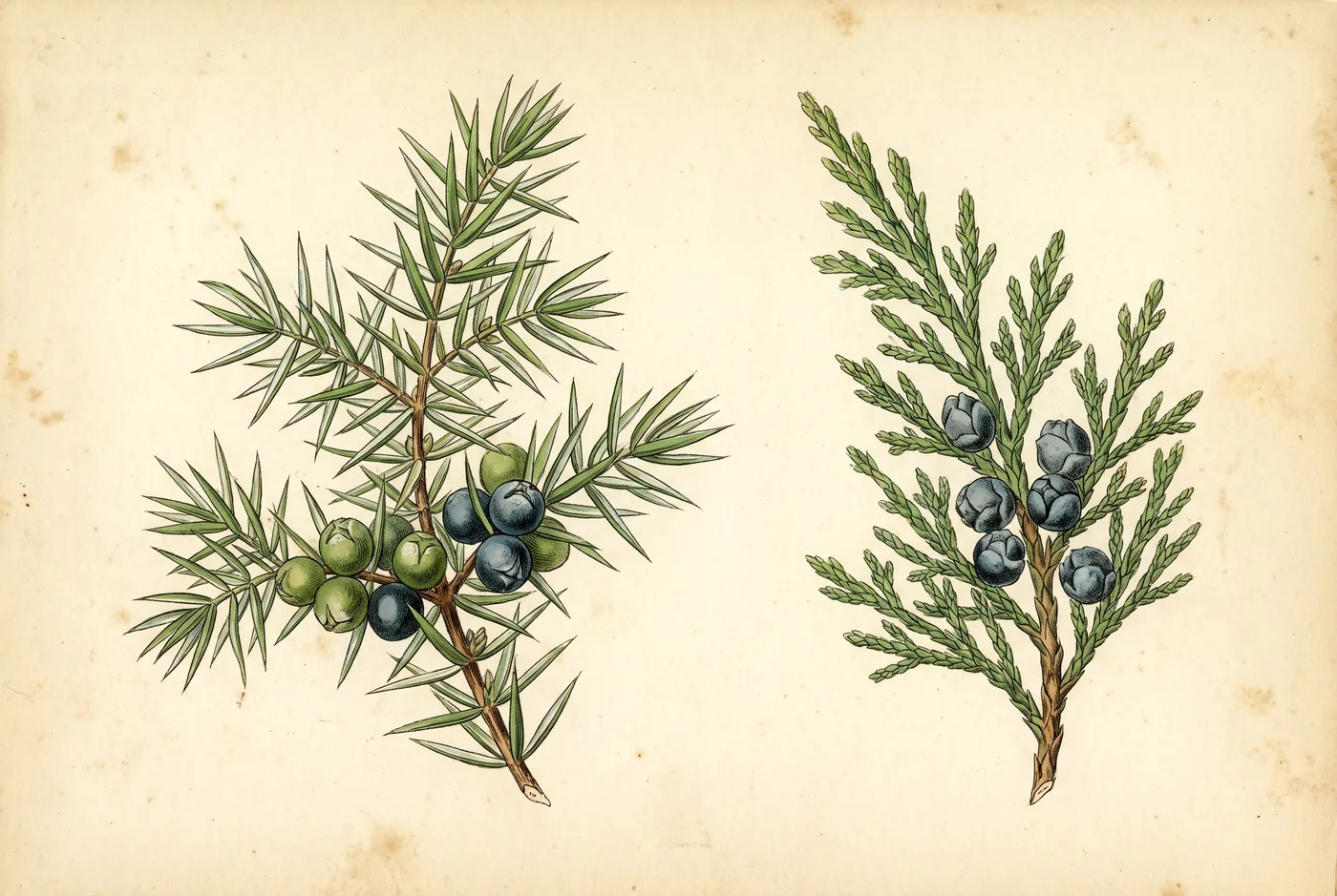 Gezeichnete Bestimmungstafel: Wacholderzweig mit nadelförmigen Blättern in Dreierquirlen und heller Binde auf der Nadeloberseite, daneben grüne und blauschwarz bereifte Galbuli — und zum Vergleich ein Zweig des giftigen Sadebaums mit dachziegelartig anliegenden Schuppenblättchen