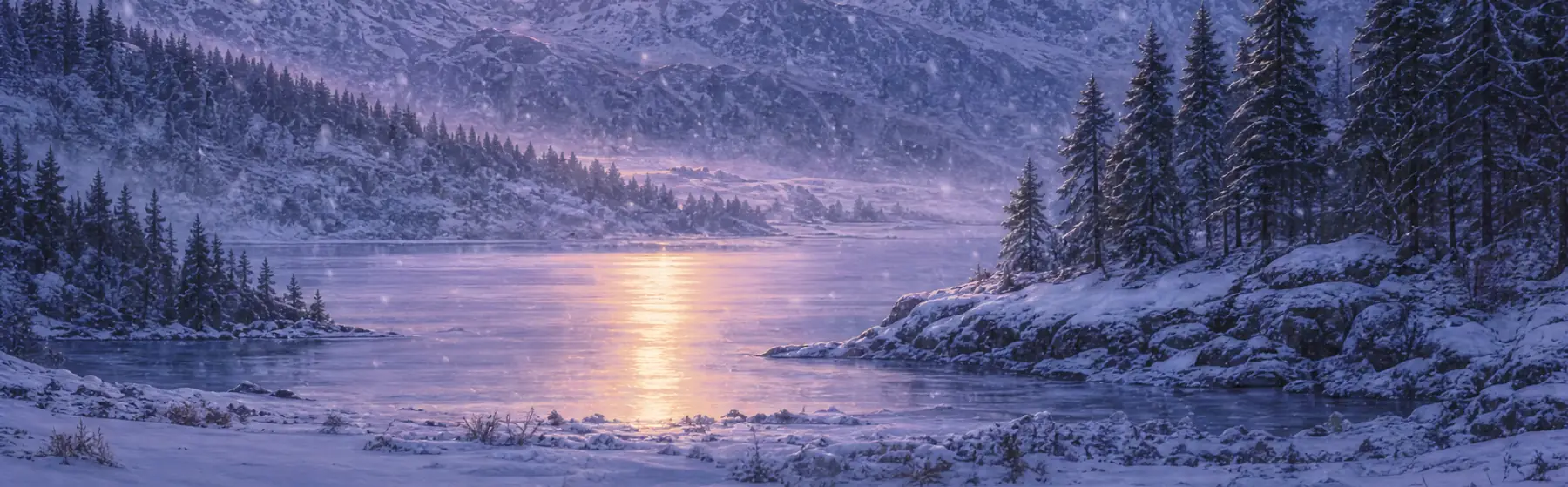 Stiller See im Schnee, das letzte Abendlicht spiegelt sich im Wasser, Tannen am Ufer