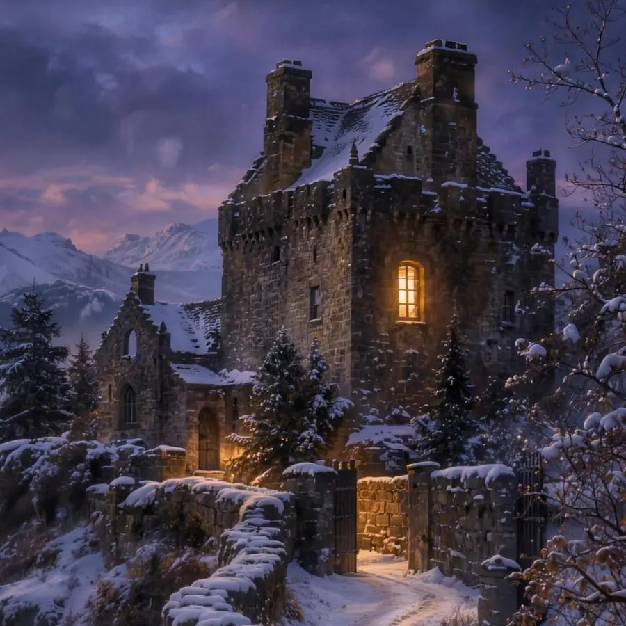 Steinernes Herrenhaus im Schnee, ein Fenster erleuchtet, davor ein verschneiter Weg zwischen Mauern