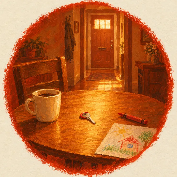 Gemalte Vignette im roten Kreis: ein Küchentisch im Morgenlicht, darauf ein Wohnungsschlüssel mit rotem Gummiring, eine Kaffeetasse und eine Kinderzeichnung, hinten die Wohnungstür
