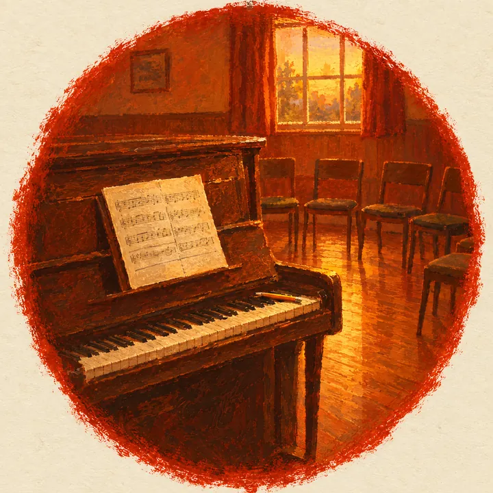 Gemalte Vignette im roten Kreis: ein Klavier in einem Pfarrsaal, auf dem Notenpult ein Chorsatz mit einer zusätzlichen Bleistiftlinie, dahinter leere Stühle im Halbkreis