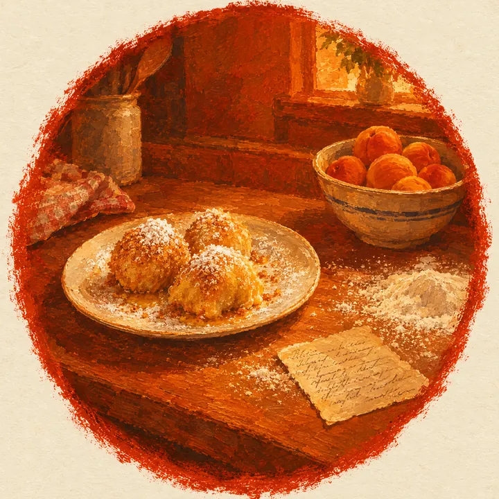 Gemalte Vignette im roten Kreis: ein Teller Marillenknödel mit Butterbröseln und Staubzucker, eine Schüssel Marillen, Mehl auf der Arbeitsfläche und eine alte Rezeptkarte