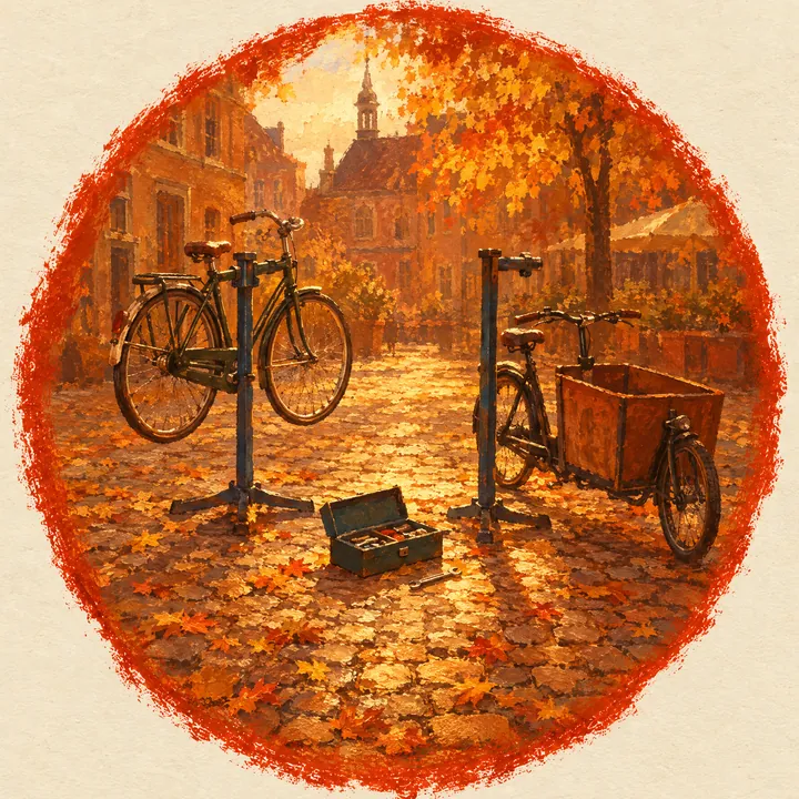 Gemalte Vignette im roten Kreis: zwei Reparaturständer für Fahrräder auf herbstlichem Kopfsteinpflaster, in einem ein Fahrrad, daneben ein Lastenrad, dazwischen ein offener Werkzeugkasten