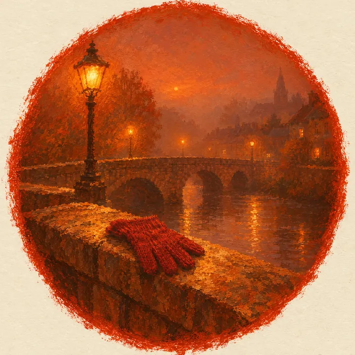 Gemalte Vignette im roten Kreis: eine steinerne Brücke im Novembernebel mit Laternen, auf der Brüstung liegt ein einzelner roter Strickhandschuh