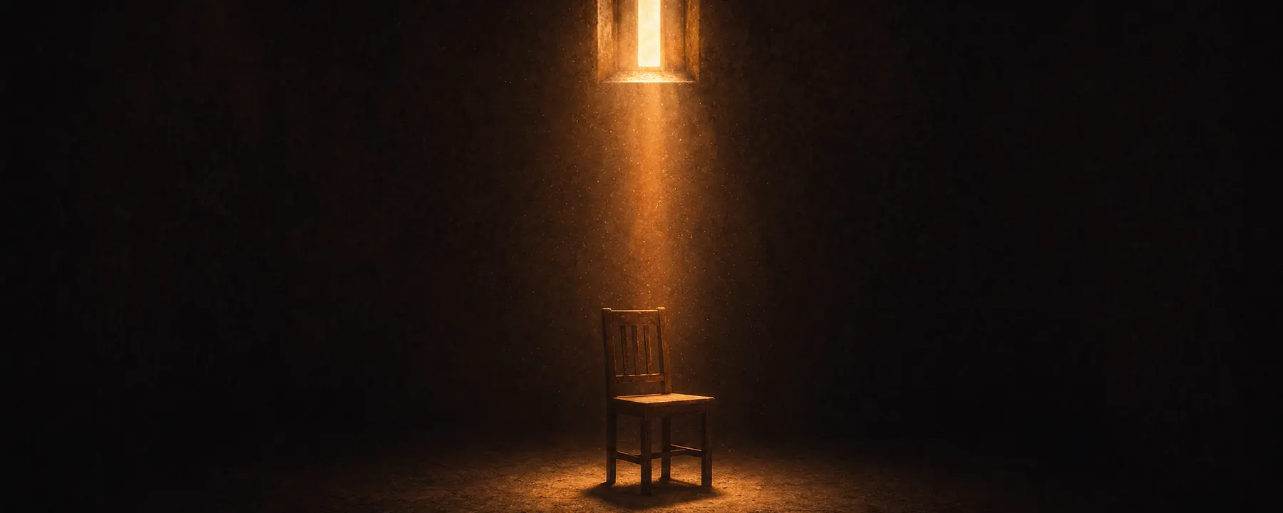 Ein leerer Holzstuhl in einem dunklen Raum, ein einzelner warmer Lichtstrahl fällt durch ein hohes Fenster