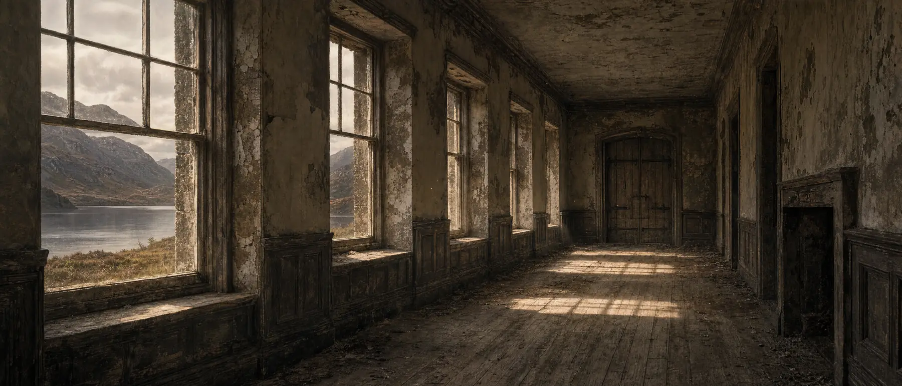Verlassener Flur eines alten Herrenhauses, Staub im Licht hoher Fenster, am Ende eine verschlossene Holztür mit Eisenbändern