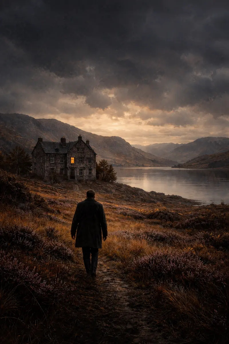 Ein Mann geht über einen Heidepfad auf ein altes Steinhaus am Loch zu, dunkle Wolken