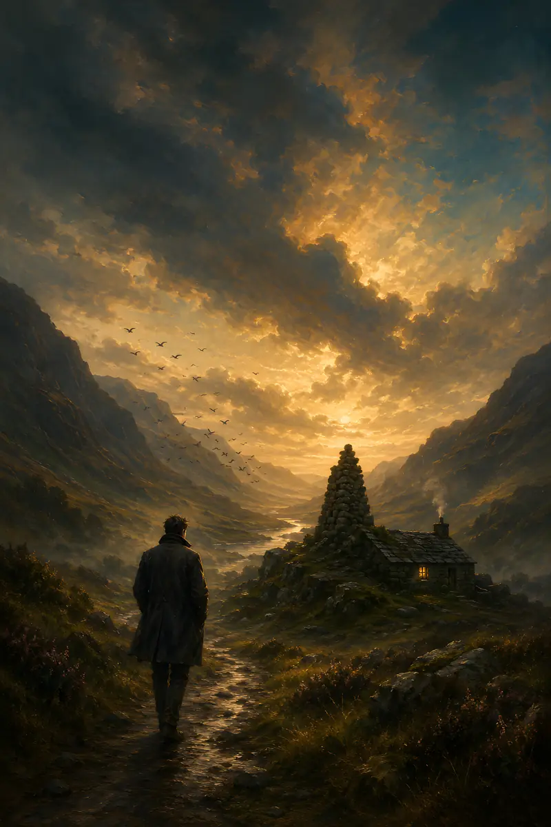 Ein Mann geht durch ein enges Tal auf einen Steinhügel und ein kleines Haus zu, goldene Wolken