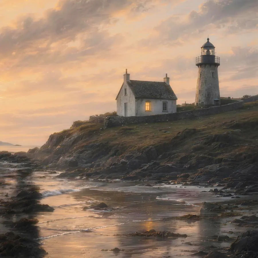 Weißer Leuchtturm und kleines Wärterhaus auf einer grünen Felskuppe über dem Meer im goldenen Abendlicht