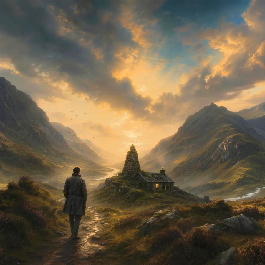 Weites Hochlandtal im Gegenlicht, in der Mitte ein Steinhügel und ein kleines Haus, ein Bach schlängelt sich durchs Tal