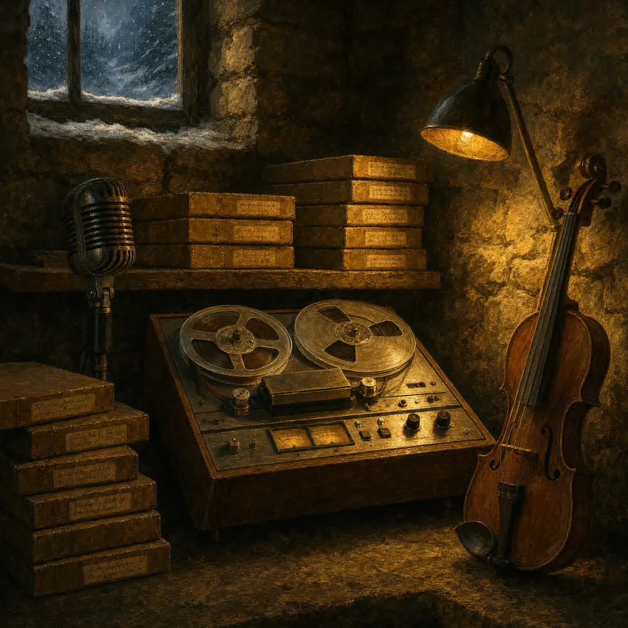 Tonbandgerät mit zwei Spulen in einem Kellerstudio, daneben Stapel alter Bandschachteln, ein Mikrofon und eine Geige im Lampenlicht
