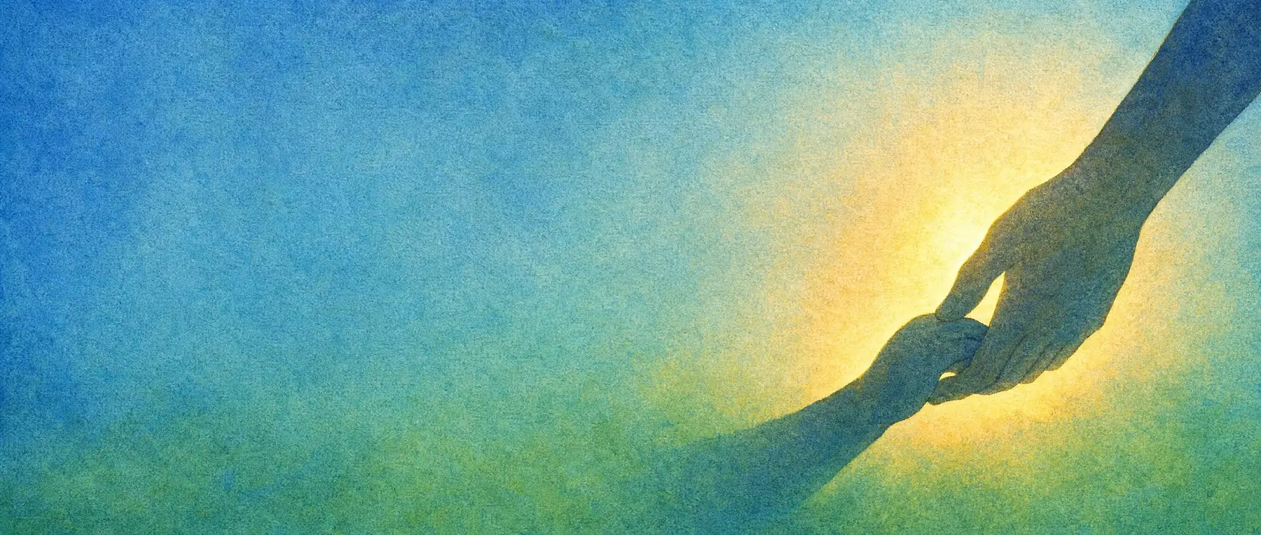 Aquarell: Eine große und eine kleine Hand halten sich locker vor warmem Gegenlicht