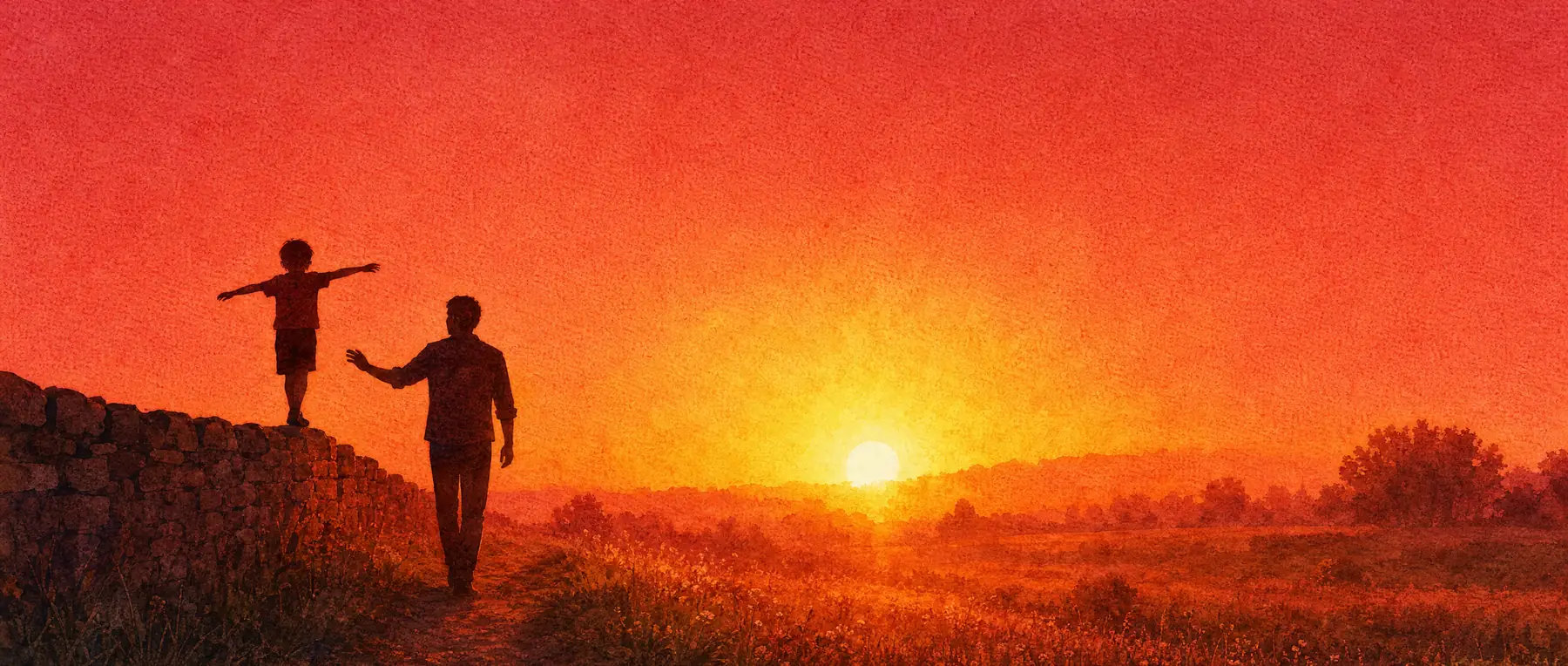 Aquarell im Abendlicht: Ein Kind balanciert mit ausgebreiteten Armen auf einer niedrigen Steinmauer, ein Erwachsener geht daneben, die Hand bereit, aber ohne festzuhalten