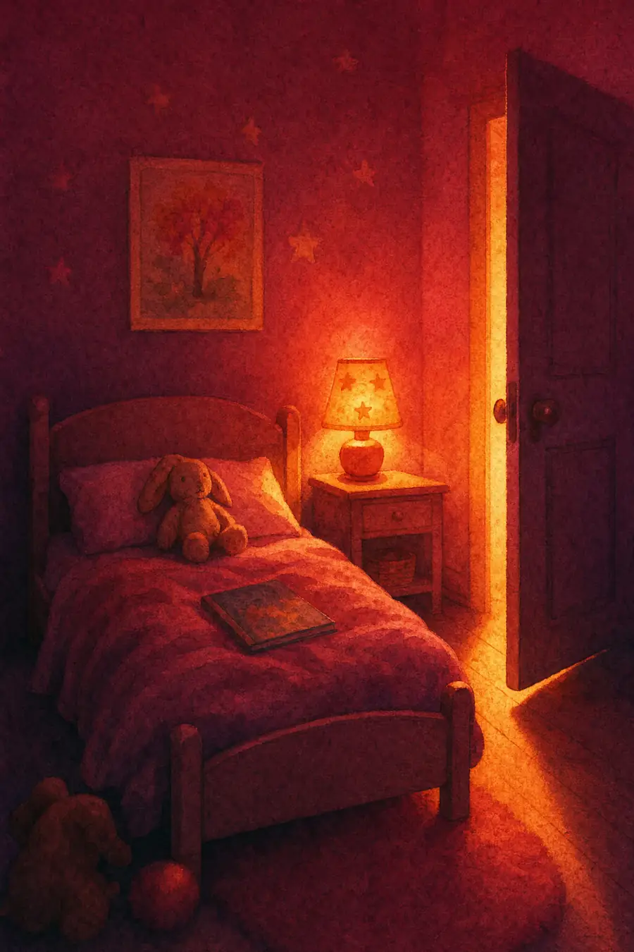 Aquarell in warmem Rot: Kinderbett bei Nacht mit Kuscheltier, kleine Lampe, die Zimmertür steht einen Spalt offen