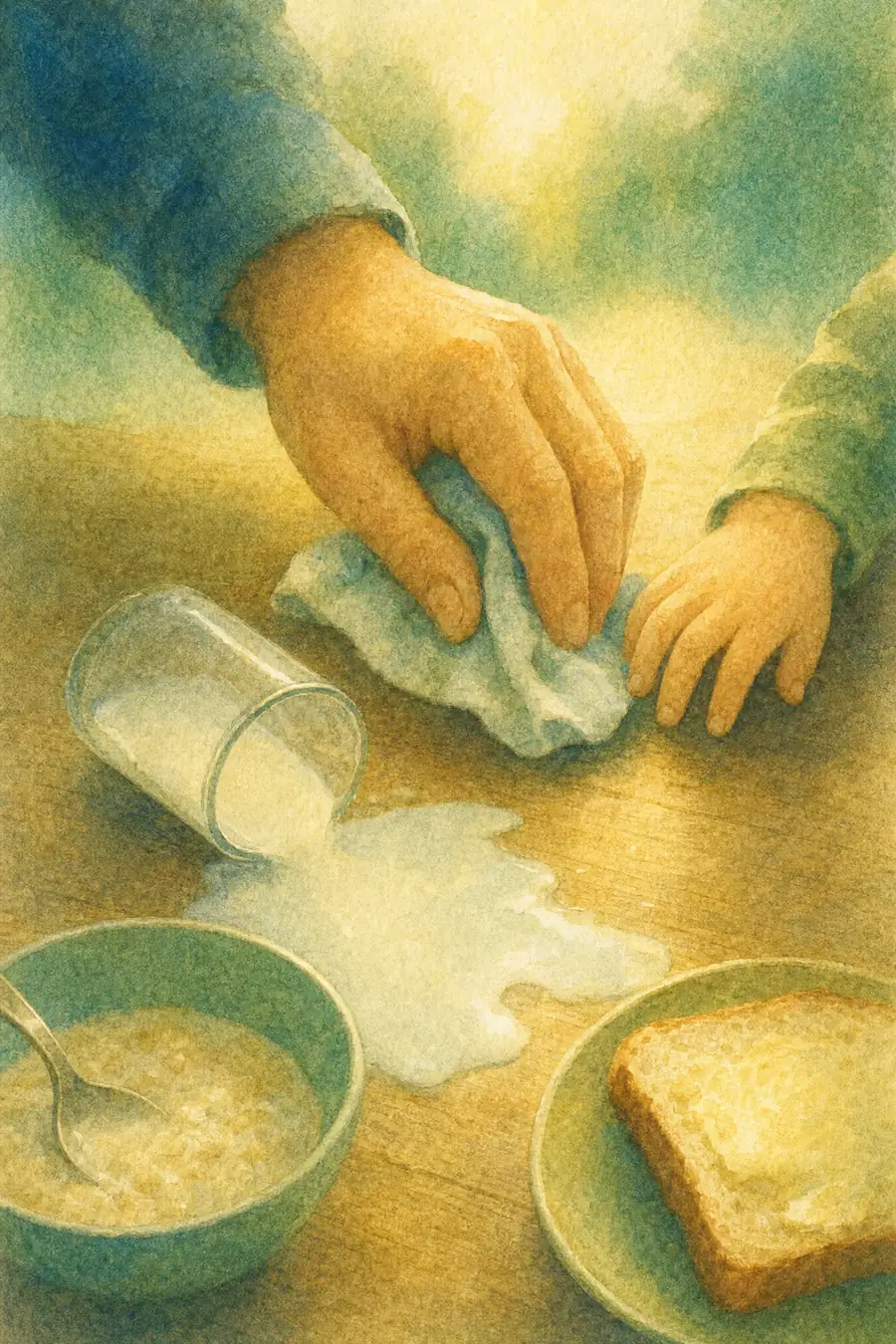 Aquarell: Umgekipptes Milchglas auf dem Frühstückstisch, eine große Hand wischt mit einem Tuch, daneben eine kleine Hand