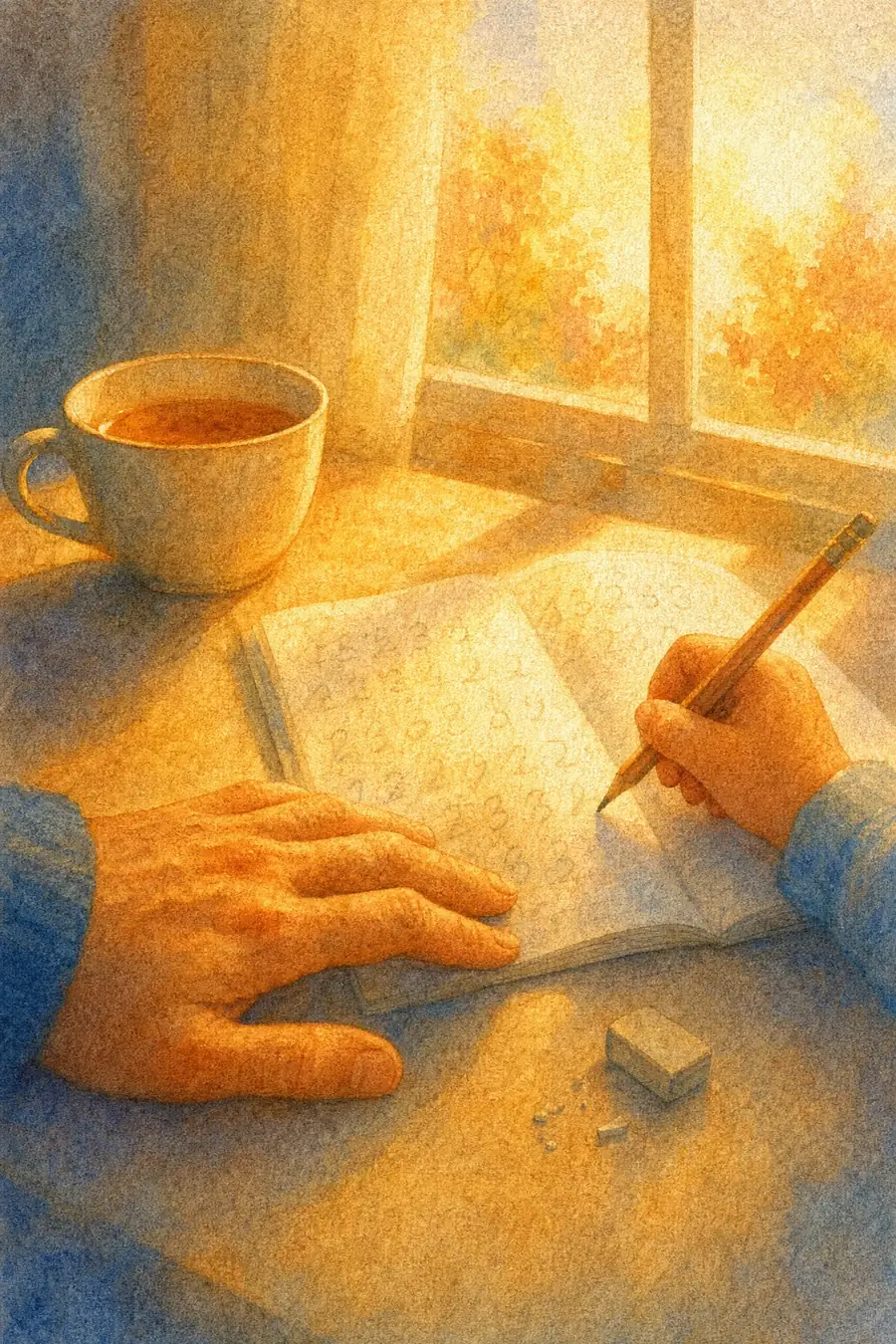 Aquarell in warmem Orange: Offenes Heft am Fenster, eine kleine Hand hält den Stift, eine große Hand liegt ruhig daneben