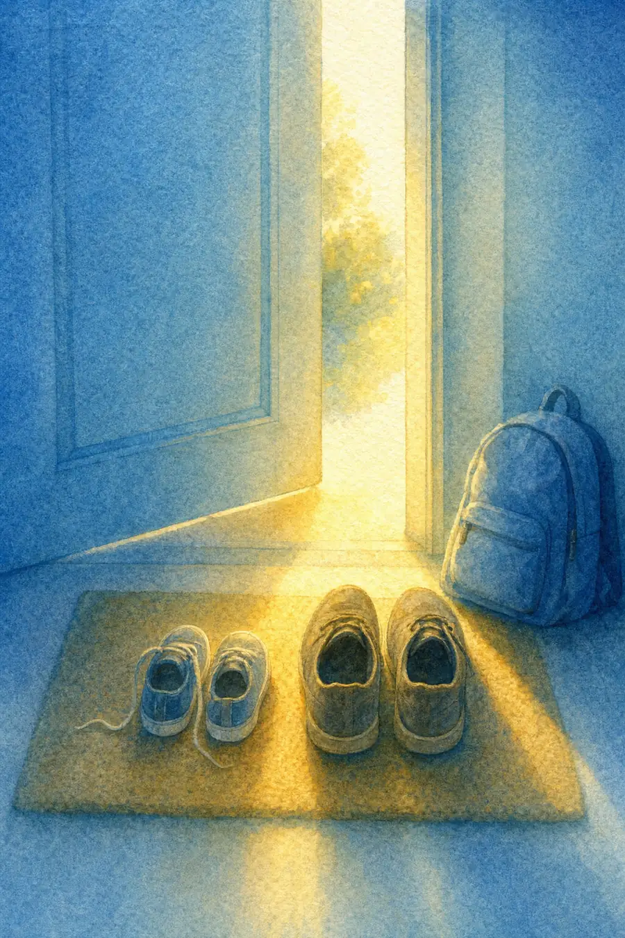 Aquarell: Kleine Kinderschuhe mit offenem Schnürsenkel neben Erwachsenenschuhen an der Haustür, Morgenlicht fällt durch den Türspalt