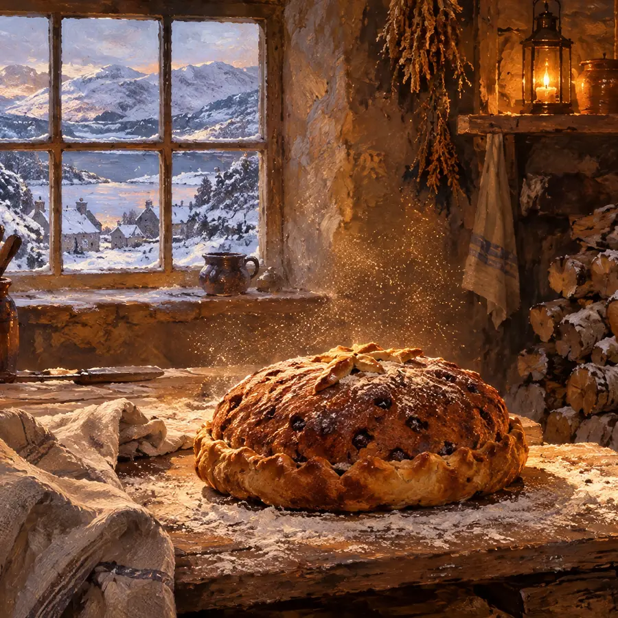 Gemaltes Backhaus im Winter: ein glühender Brotofen in einer Steinwand, davor auf einem bemehlten Tisch ein runder, dunkler Gewürzkuchen im Teigmantel, am Fenster Schnee