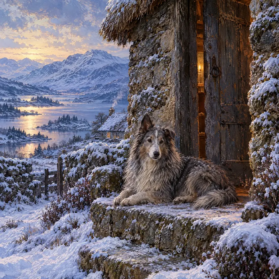 Grauer, zottiger Hütehund mit einem stehenden und einem hängenden Ohr liegt auf der steinernen Schwelle eines strohgedeckten Hauses im Schnee