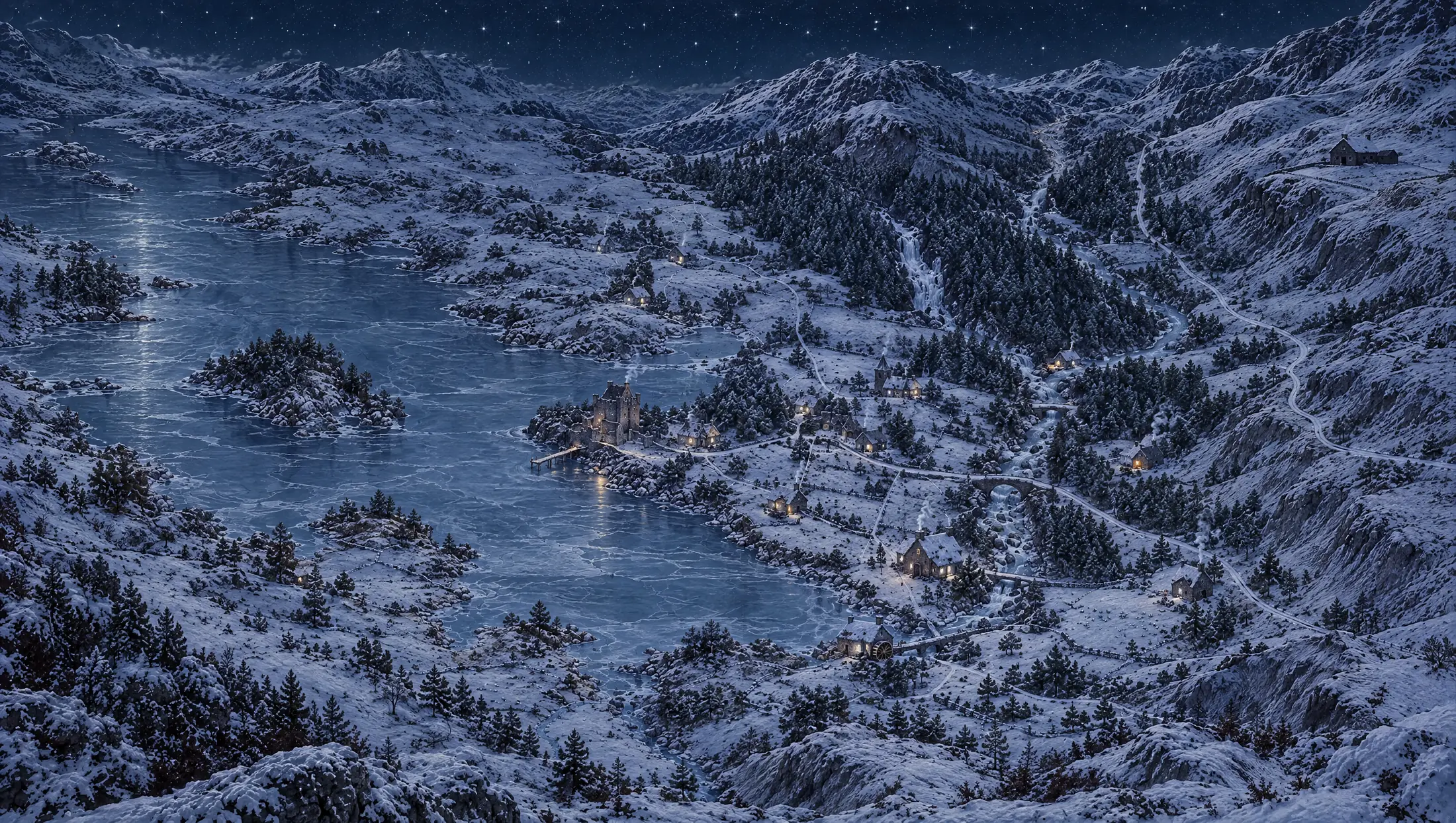 Gemaltes Hochlandtal Glen Airen bei Nacht im Schnee, von Süden gesehen: links ein teils zugefrorenes Loch mit Felsinseln, auf einem Felssporn die Burg mit Steg, rechts das Dorf am Bach mit Steinbrücken, dahinter Wald und Wasserfall, vierzehn verstreute Häuser mit warm erleuchteten Fenstern, oben rechts am Hang ein einzelner Hof mit dunklen Fenstern, darüber Sterne