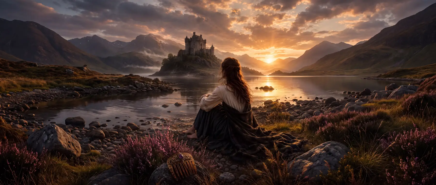 Frau sitzt am Ufer eines Lochs, dahinter eine Burg im Sonnenuntergang