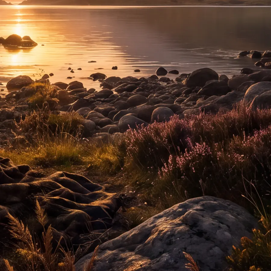Stilles Loch im Sonnenuntergang, Kiesel und Heidekraut am Ufer